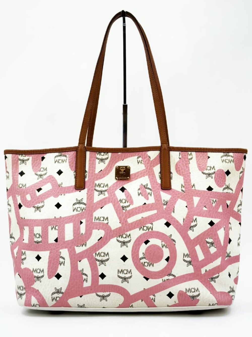 MCM White Pink Visetos Graffiti Large Shopper Tote Bag Brown Leather Handles